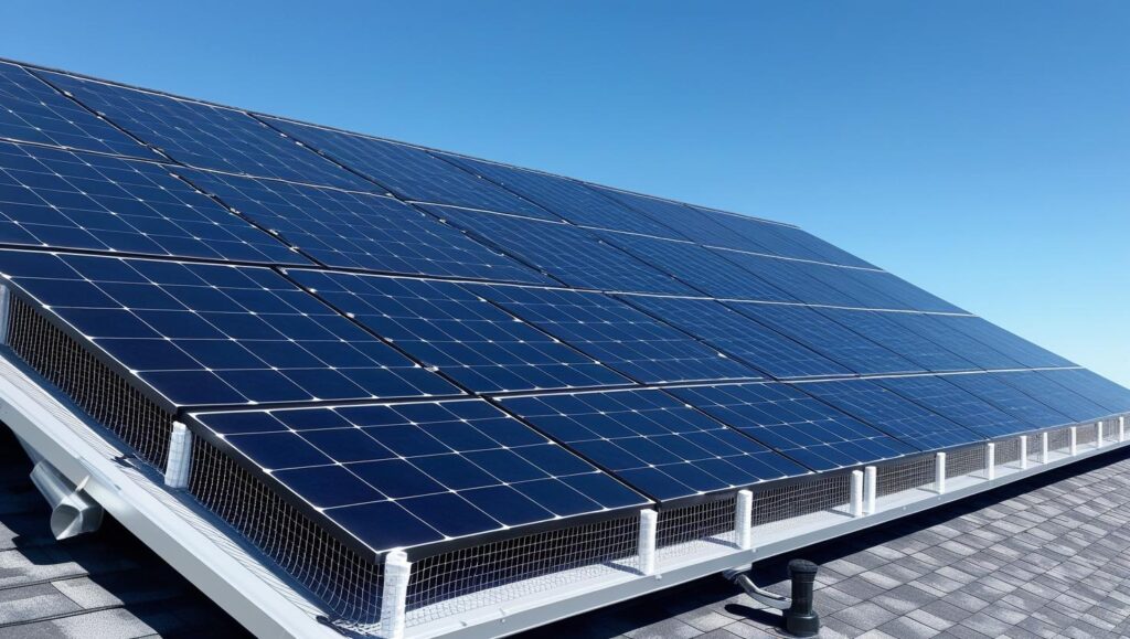 A clean, well-maintained solar panel installation on residential rooftop with neatly installed critter guards (wire mesh) around the panels.