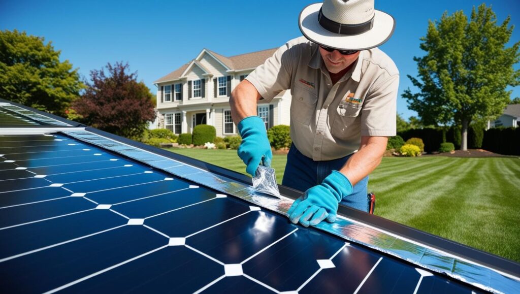 A homeowner attaching reflective CDs and small foil strips around the solar panels to deter birds. The background shows a suburban home with a clear blue sky