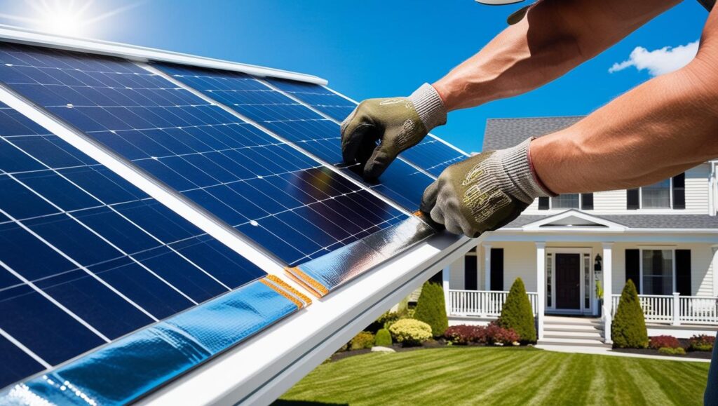 A homeowner attaching reflective CDs and small foil strips on the edges of the solar panels to deter birds. The background shows a suburban home with a clear blue sky