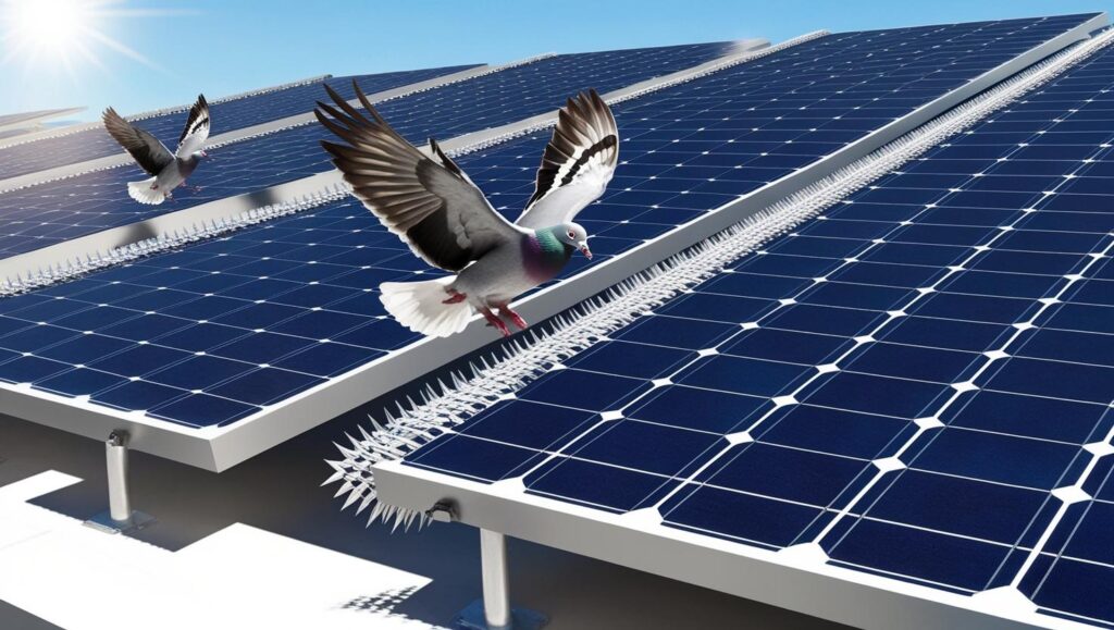 A realistic rooftop solar panel setup with bird spikes installed continuously along the edges of the panels