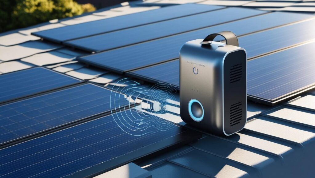 A small, modern ultrasonic bird repellent device placed near solar panels on a house rooftop.