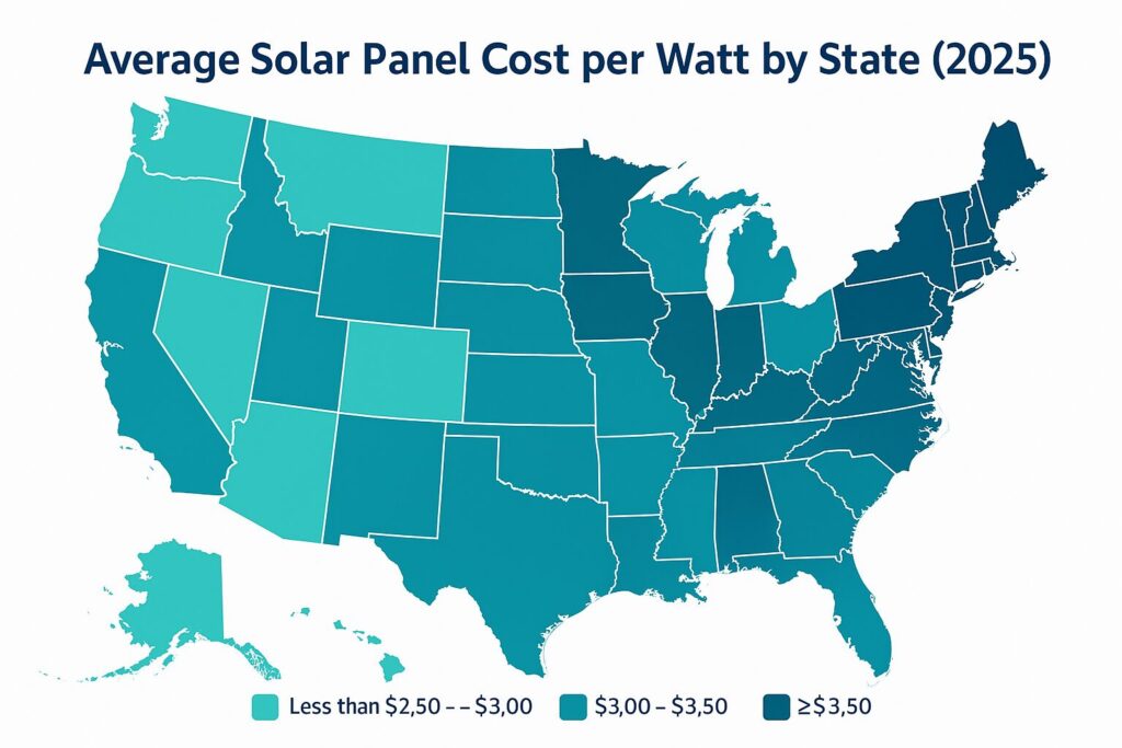 Average solar panel cost per watt by state(2025)