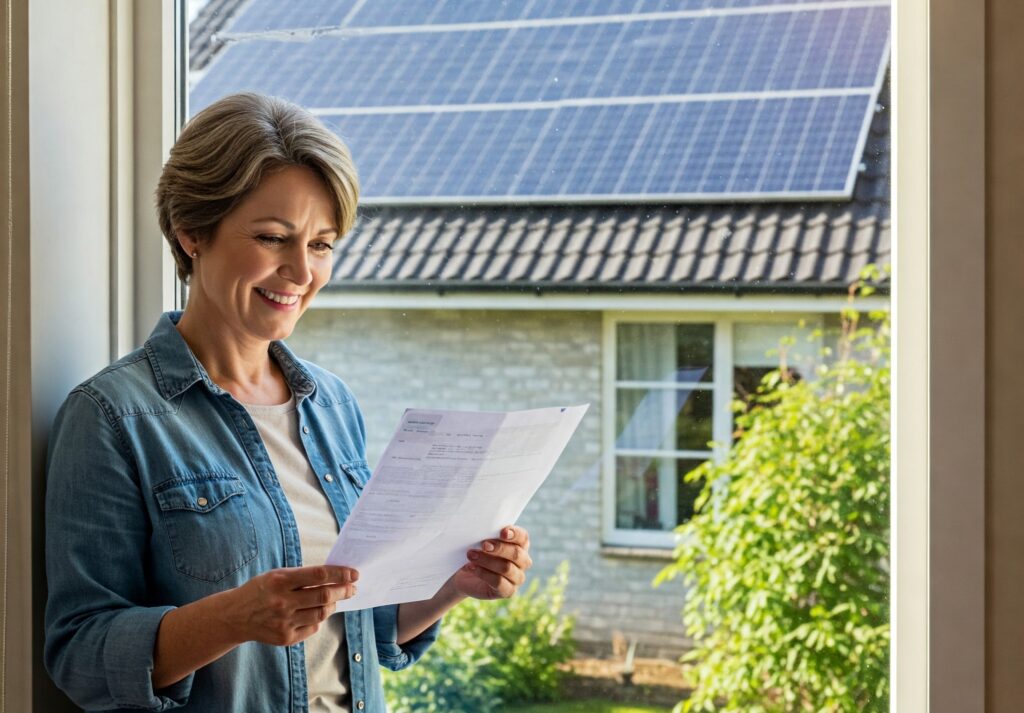Happy homeowner looking at reduced electricity bill with solar panels visible on roof through a window