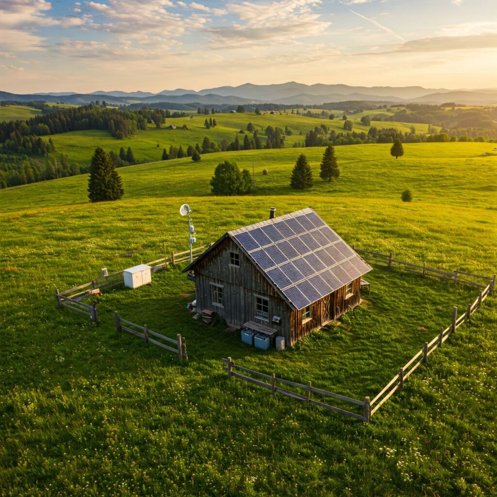 Isolated rural home powered by standalone solar panels and batteries