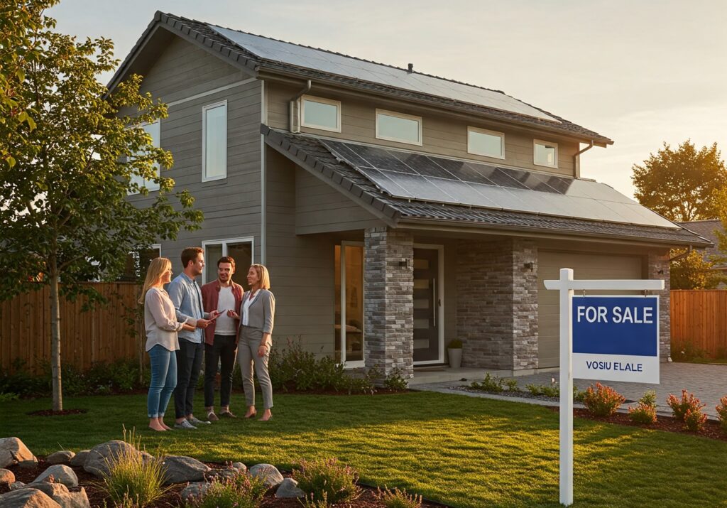 Real estate agent showing solar-equipped home to young couple, with ‘For Sale’ sign outside