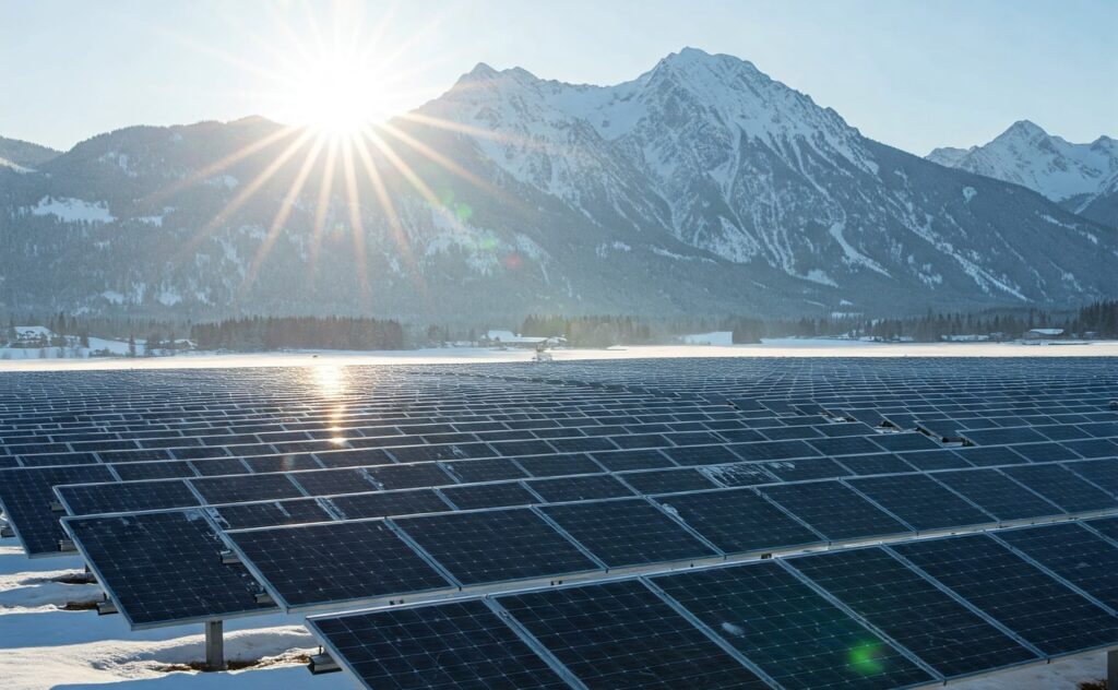 Snow-covered solar panels working in winter