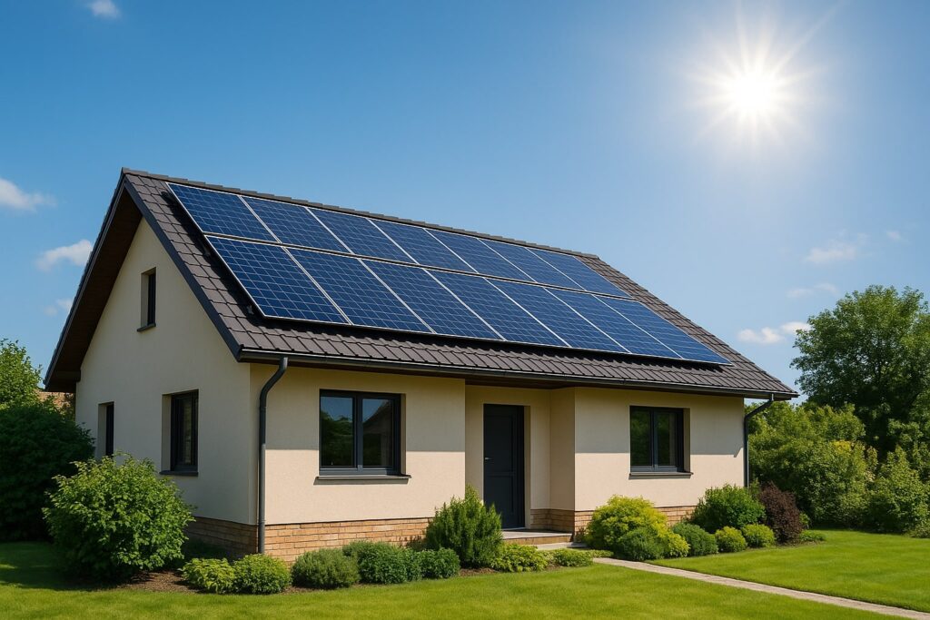 house with rooftop solar panels