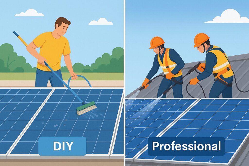 DIY vs professional solar panel cleaning illustration