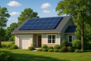 Eco-Friendly House with Solar Panels and Green Surroundings