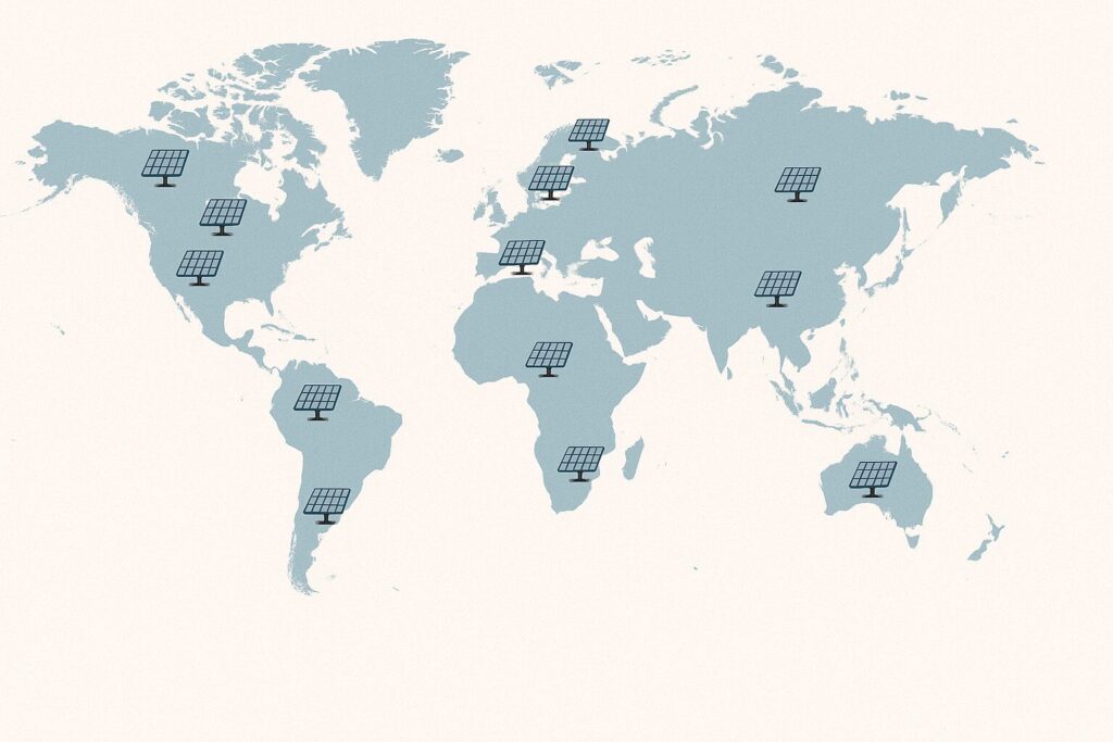 Map with icons of solar panels in cold regions like Germany, Canada, and northern USA