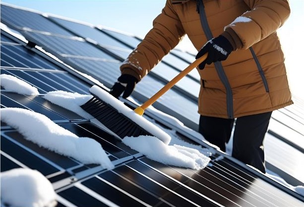 person clearing snow from solar panels