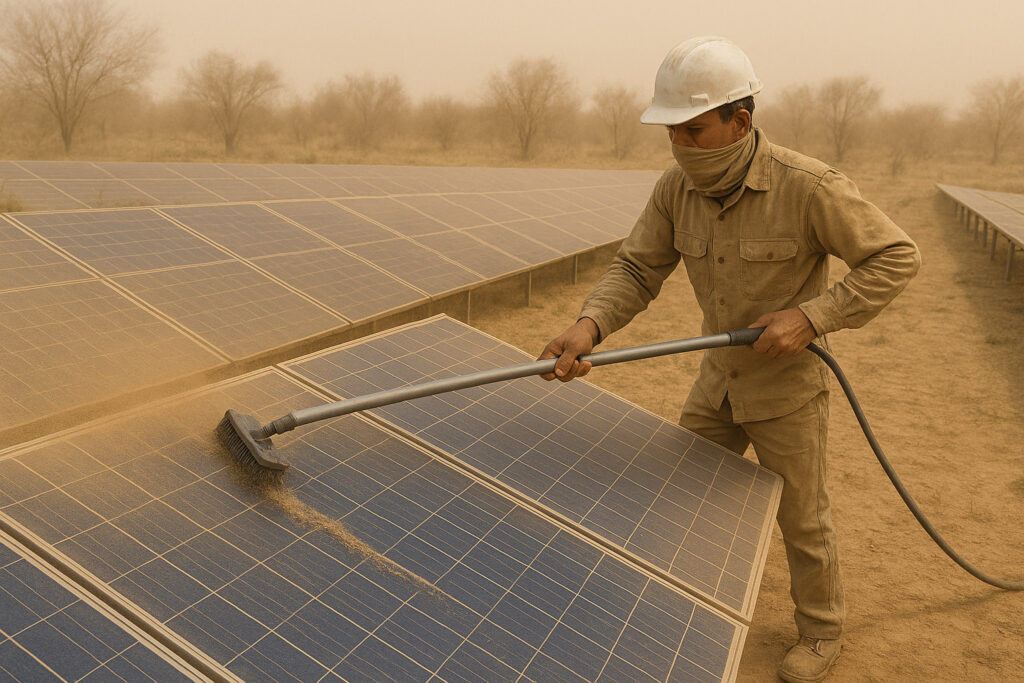 person cleaning a dusty solar panel