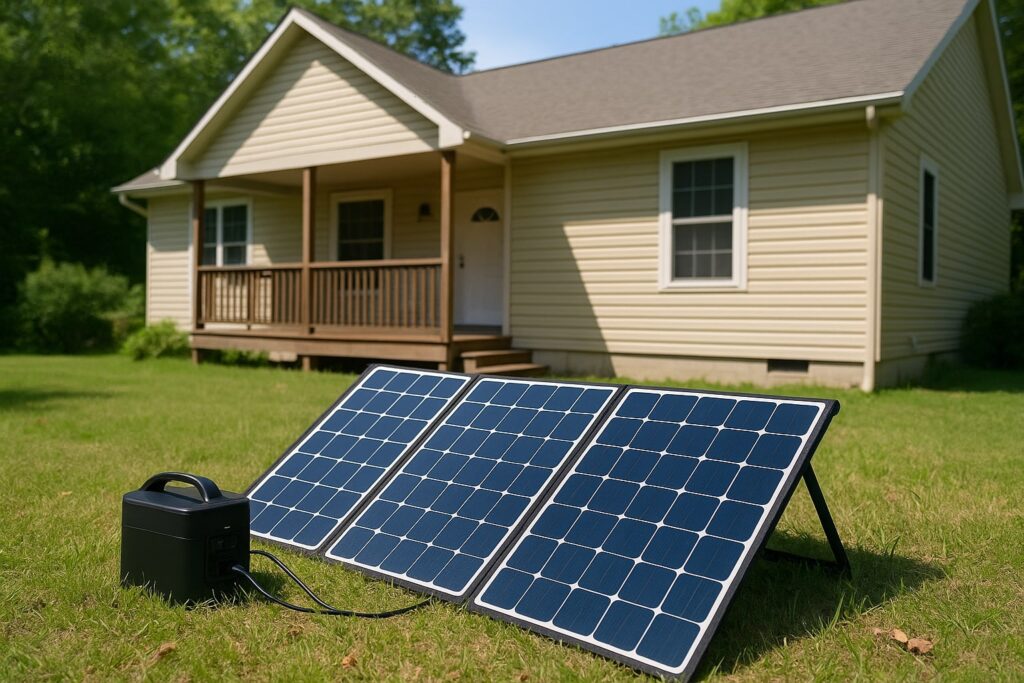 Portable solar panels in front of house